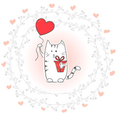 Cute cat with gift and balloon in floral frame. Greeting card vector template.