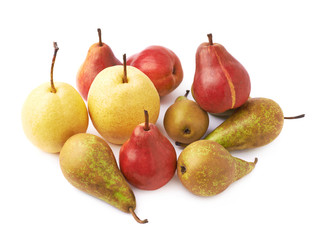 Pile of green, red, yellow pears isolated
