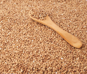 Wooden spoon over the buckwheat