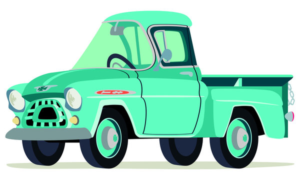 Caricatura camioneta Chevrolet Apache 1957 verde vista frontal y lateral