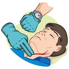 First Aid pulse through the carotid artery to watch, gloves