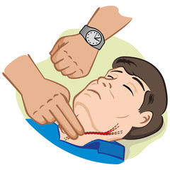 First Aid measuring pulse through the carotid artery with clock