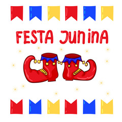Festa Junina - June Festival, National Brazilian holiday. Red clown shoes and flags, 