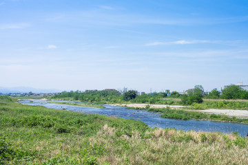 Blue sky and Tama River riverbed