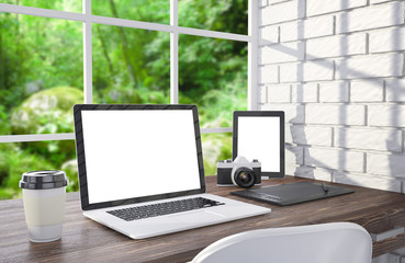 Fototapeta premium 3D illustration laptopand work stuff on table near brick wall