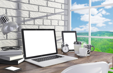 Fototapeta premium 3D illustration laptopand work stuff on table near brick wall