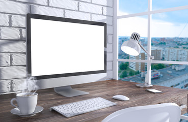 Fototapeta premium 3D illustration PC screen on table in office, Workspace