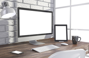 Fototapeta premium 3D illustration PC screen on table in office, Workspace