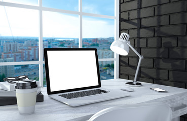 3D illustration laptopand work stuff on table near brick wall