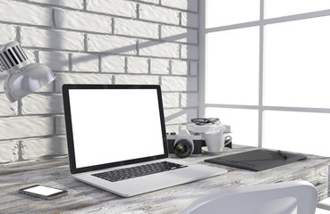 Fototapeta premium 3D illustration laptopand work stuff on table near brick wall