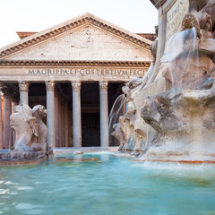 Pantheon seen from the Fountain of Rotonda Square in Rome, Italy
