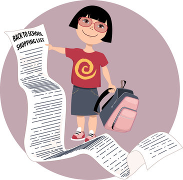 Cute Cartoon Girl Holding A Very Long Back To School Shopping List, Vector Illustration, No Transparencies, EPS 8