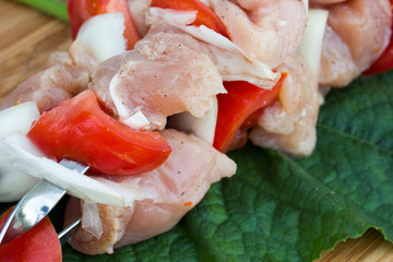 Skewered on wooden sticks tasty pork meat and vegetables mix shashlik prepared for grilling on plate