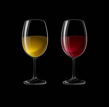 Red and white wine in a glass isolated on black background