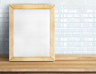 Fototapeta premium Blank blackboard on tropical wooden table at white tile wall,Tem