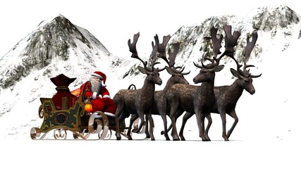 Santa Claus with sleigh and reindeer - mountains background