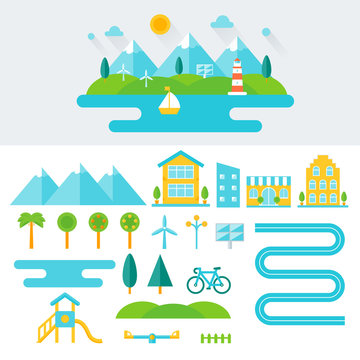Mountain Landscape Illustration and Set of Elements. Eco-friendly Lifestyle and Sustainable Living Concept. Flat Design 