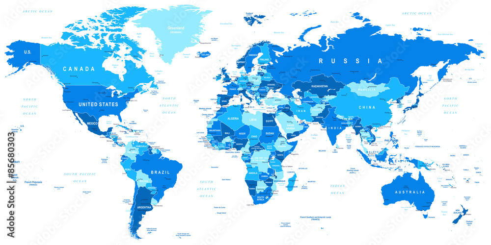 Poster highly detailed vector illustration of world map.borders, countries and cities.