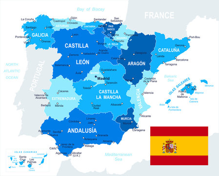 Highly detailed vector illustration of Spain map and flag. Image contains next layers. There are  land contours, country and land names, city names, water object names, flag.