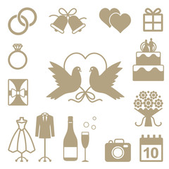 Wedding related vector silhouette icons set