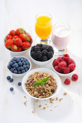delicious and healthy breakfast on white wooden background