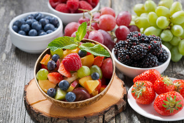 fruit salad in a bamboo bowl and fresh berries