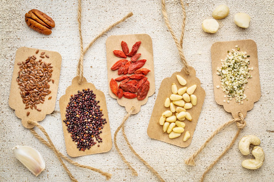 berries, nuts, grains and seeds - superfood abstract