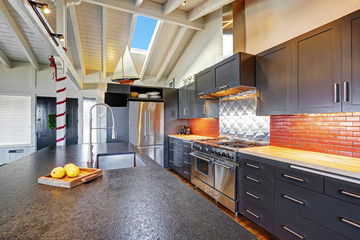 Luxury beautiful dark modern kitchen with vaulted wood ceiling.