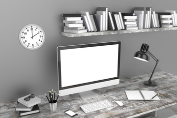 3D illustration PC screen on table in office, Workspace