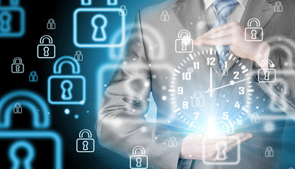 Image of businessman holding clock against illustration