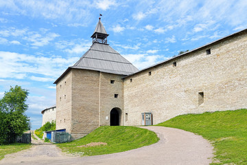 Fototapeta na wymiar The reconstructed Gate Tower of the Staraya Ladoga Fortress, Russia. The fortress was founded by the legendary Varangian prince Rurik in 862.