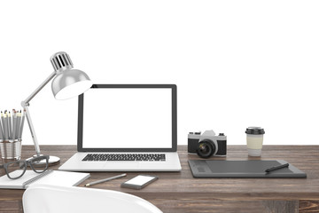 3D illustration laptop on table, Workspace