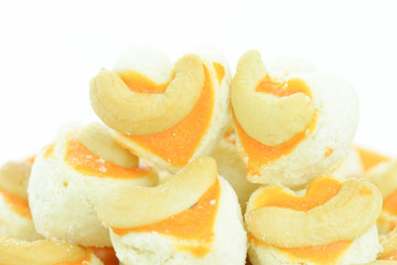 Cashew nut cookie Singapore cookies heart shape on white backgro