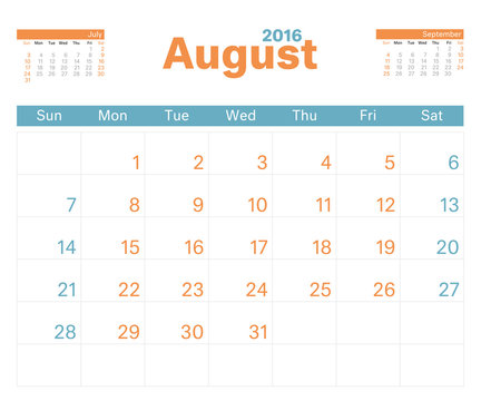 Month Calendar Aug 2016