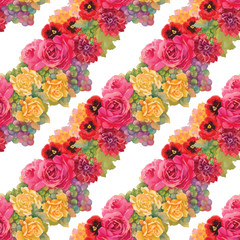 Seamless floral pattern with of red and orange roses on white background. Vector illustration.