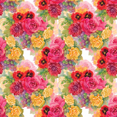 Fototapeta premium Seamless floral pattern with of red and orange roses on white background. Vector illustration.