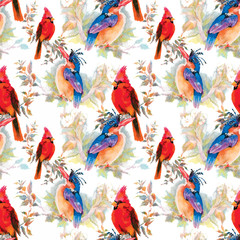 Watercolor hand drawn seamless pattern with tropical summer flowers and birds