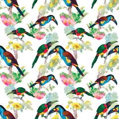 Fototapeta premium Watercolor hand drawn seamless pattern with tropical summer flowers and birds