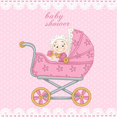 Pink baby carriage for newborn baby shower card