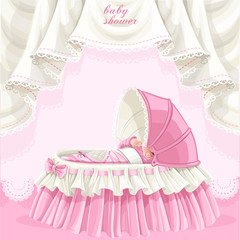 Pink baby shower card with cute little baby in the crib