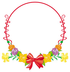 Red round frame with lilies and gerberas