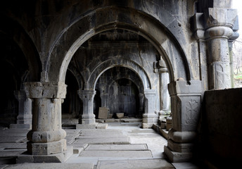 Colonnade inside medieval church of Sanahin Monastery, Armenia