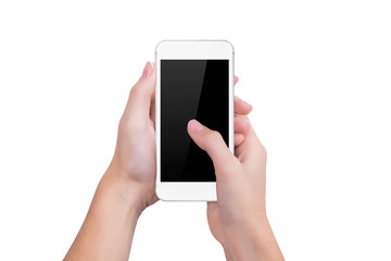 Girl presses the white phone screen finger of a hand