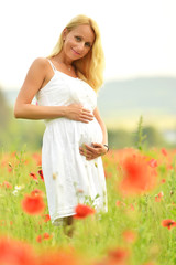 Fototapeta na wymiar enceintes femme heureuse dans un champ de pavot floraison 