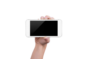 Girl shows the white phone in one hand