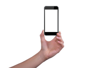 Woman shows the phone in one hand