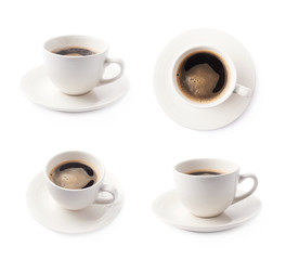 Fresh cup of coffee on a plate, isolated