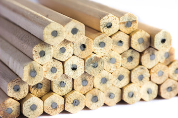 Close up of pencils with different color over white background.