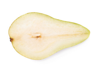 Green pear cut in half isolated