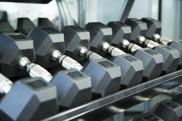 Fototapeta na wymiar Free weights lined up on rack in fitness gym
